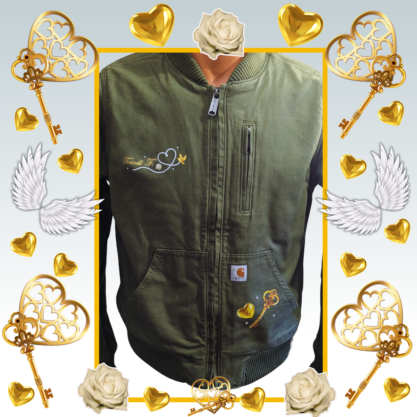 Custom Jean Jacket- Heart Locket, Key and Wings
