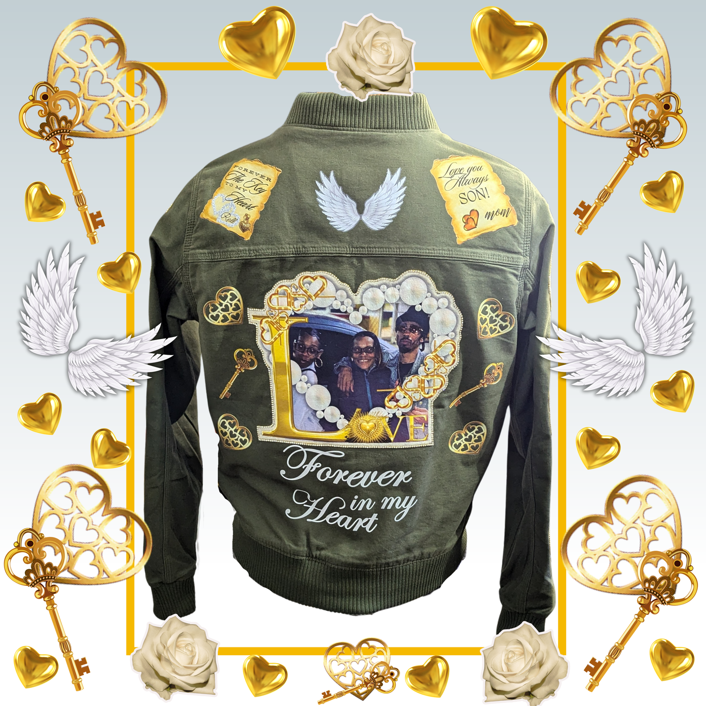 Custom Jean Jacket- Heart Locket, Key and Wings