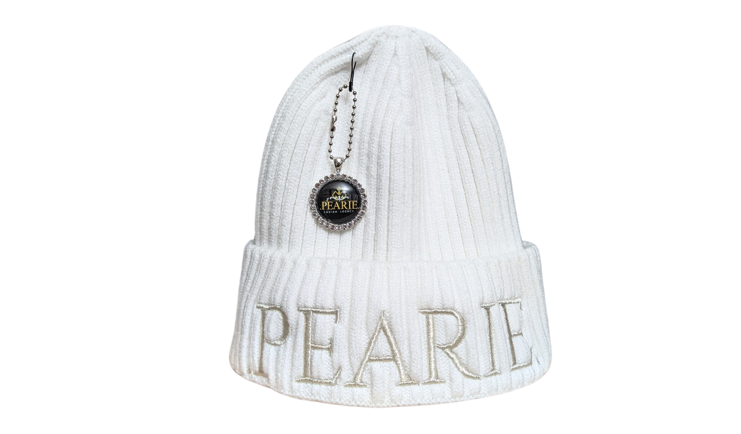 .PEARIE. KNIT BEANIE- WHITE/SILVER
